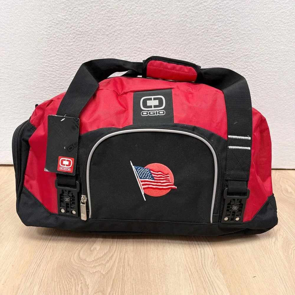 OGIO Big Dome Duffel Bag Red Black Embroidered American Flag Gym Bag NEW